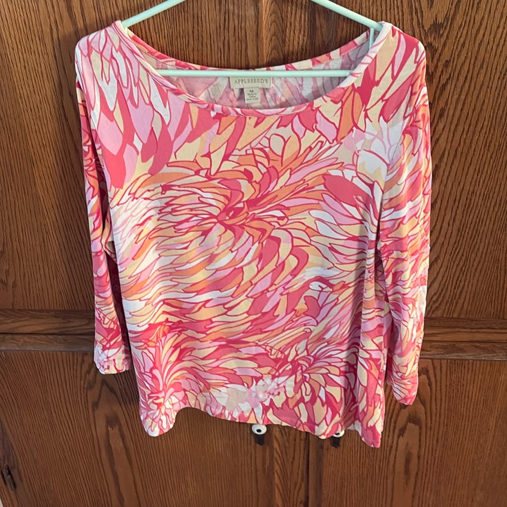 Peach pink yellow white abstract floral print shirt